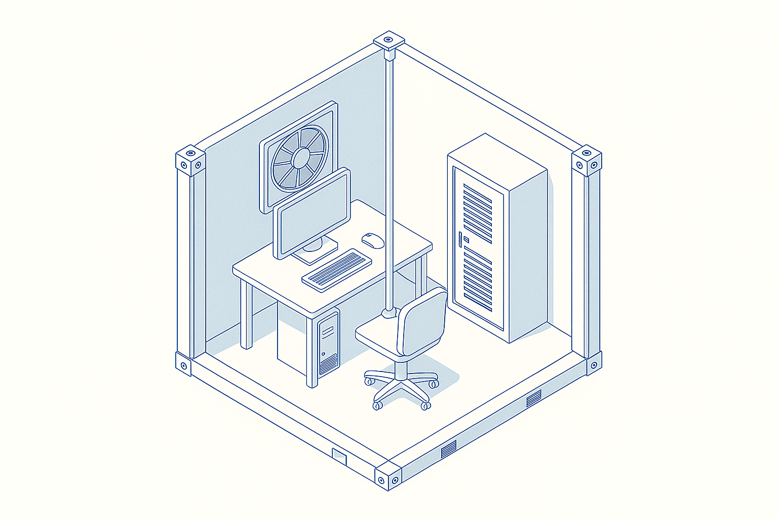 Innsiden av container med PC-skjerm og utstyr